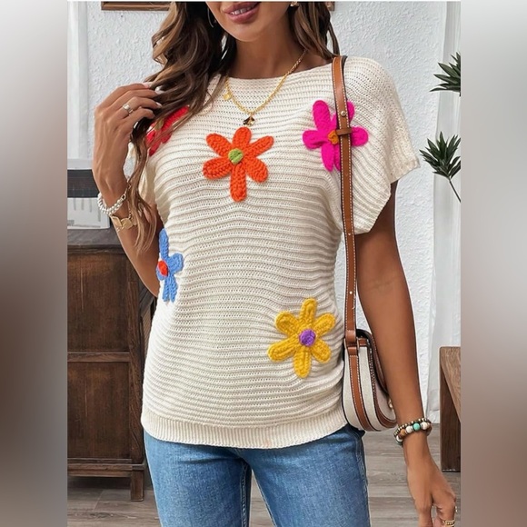 NEW Crochet Floral Cap Sleeve Sweater Knit Short Sleeves Sweater Size Large - Picture 3 of 8